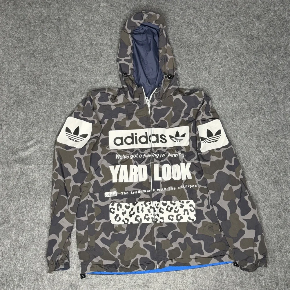 Adidas Reversible Windbreaker Jacket Mens Camo‎ Yard Look Blue Hooded Full Zip